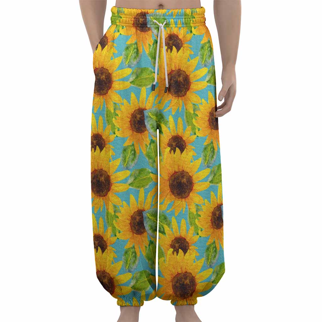 Blue Watercolor Sunflower Pattern Print Lantern Pants