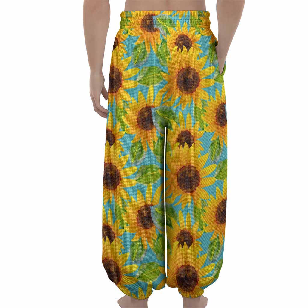 Blue Watercolor Sunflower Pattern Print Lantern Pants