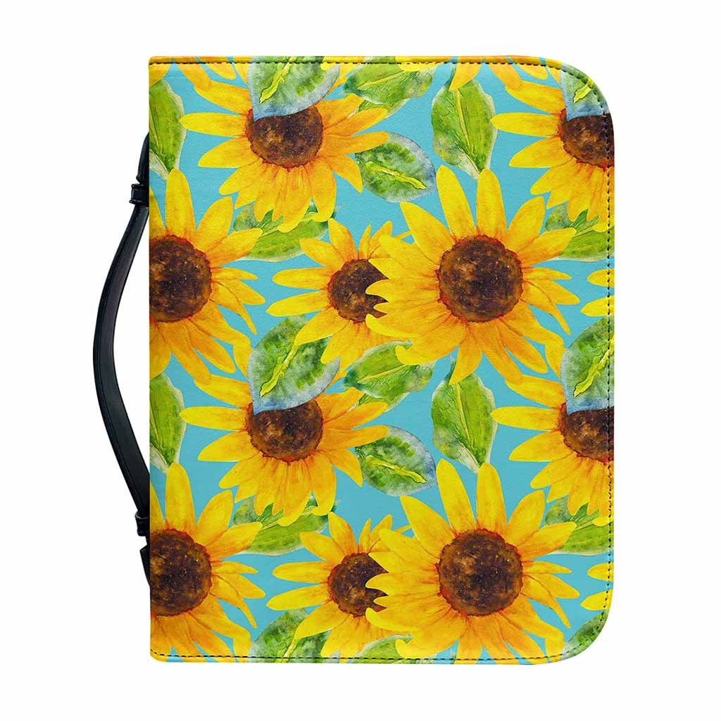 Blue Watercolor Sunflower Pattern Print Leather Bible Cover