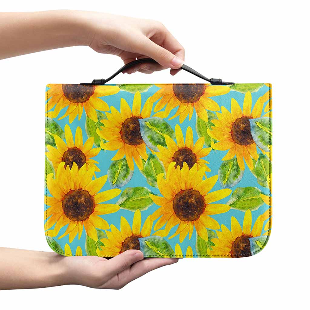Blue Watercolor Sunflower Pattern Print Leather Bible Cover