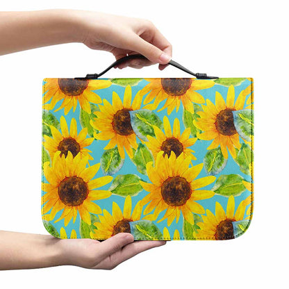 Blue Watercolor Sunflower Pattern Print Leather Bible Cover
