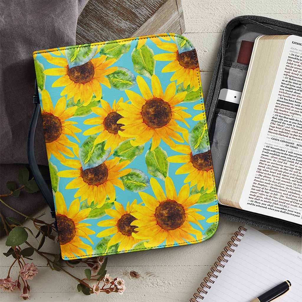 Blue Watercolor Sunflower Pattern Print Leather Bible Cover