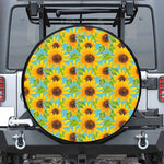 Blue Watercolor Sunflower Pattern Print Leather Spare Tire Cover