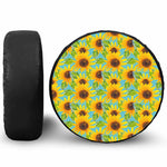Blue Watercolor Sunflower Pattern Print Leather Spare Tire Cover