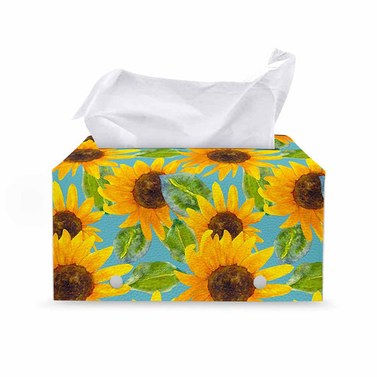 Blue Watercolor Sunflower Pattern Print Leather Tissue Box Cover