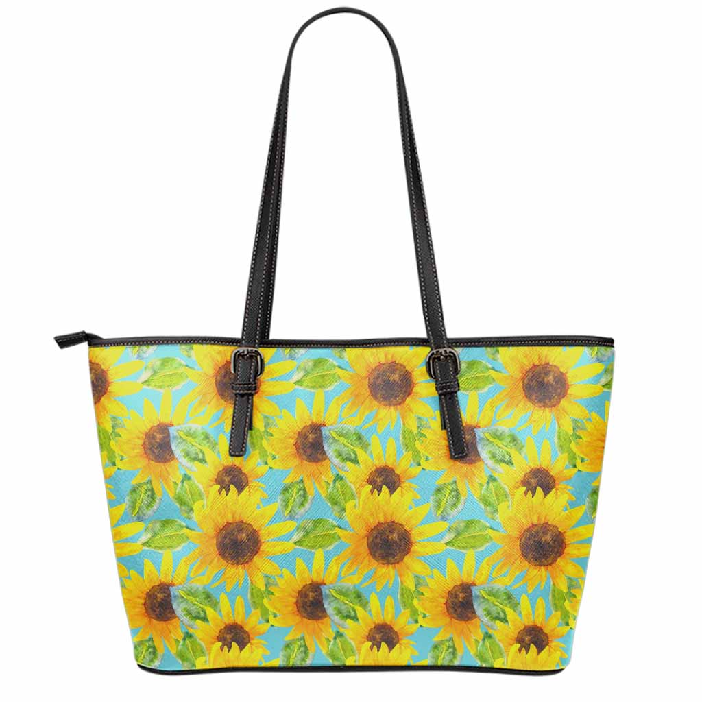 Blue Watercolor Sunflower Pattern Print Leather Tote Bag