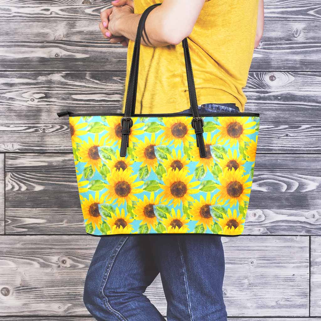 Blue Watercolor Sunflower Pattern Print Leather Tote Bag