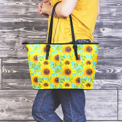 Blue Watercolor Sunflower Pattern Print Leather Tote Bag