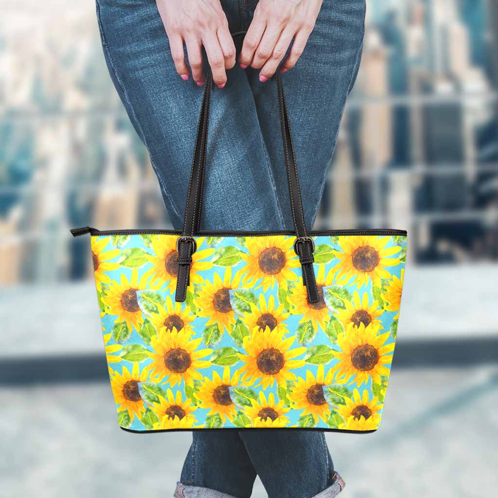 Blue Watercolor Sunflower Pattern Print Leather Tote Bag