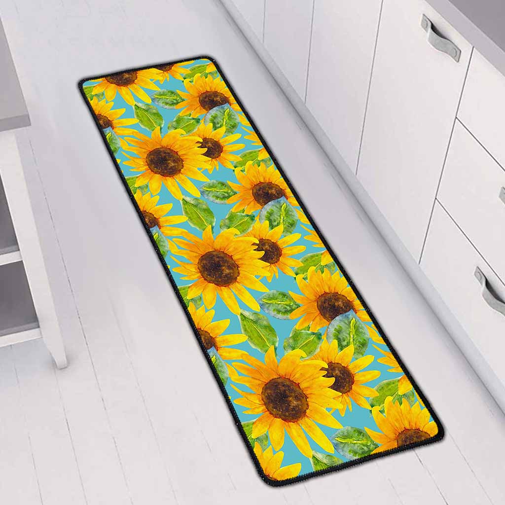 Blue Watercolor Sunflower Pattern Print Long Kitchen Mat