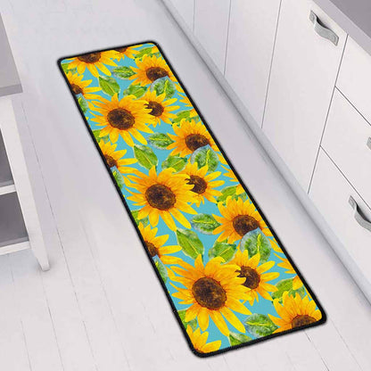 Blue Watercolor Sunflower Pattern Print Long Kitchen Mat