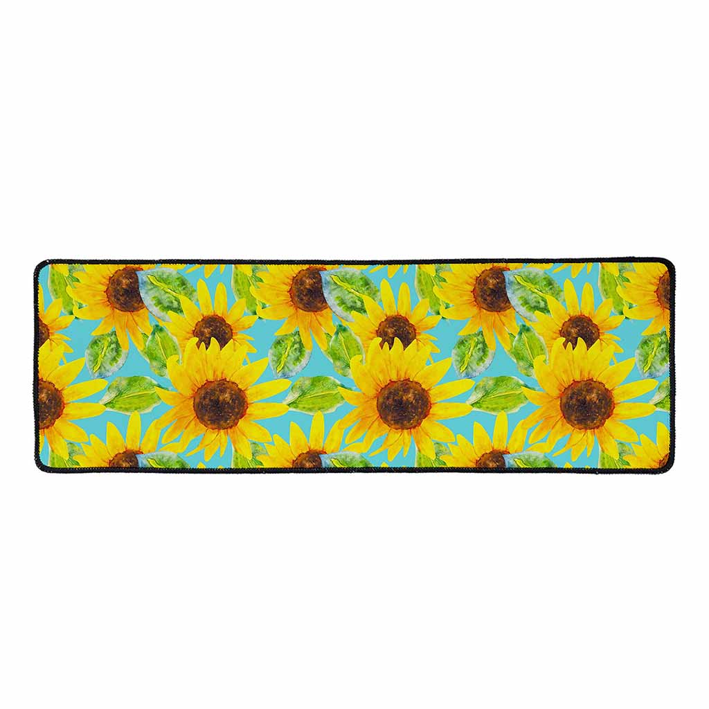 Blue Watercolor Sunflower Pattern Print Long Kitchen Mat