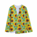 Blue Watercolor Sunflower Pattern Print Long Sleeve Short Coat