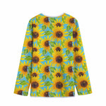 Blue Watercolor Sunflower Pattern Print Long Sleeve Short Coat