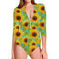 Blue Watercolor Sunflower Pattern Print Long Sleeve Swimsuit