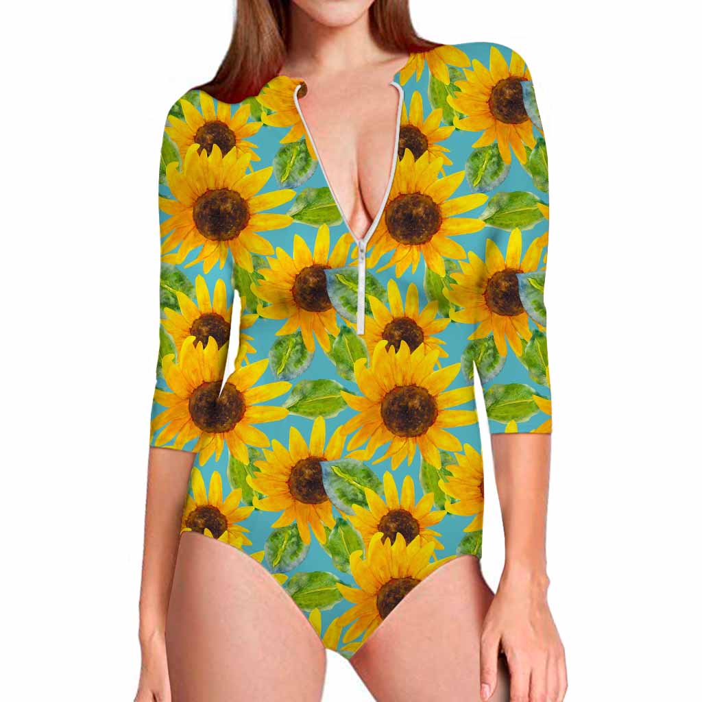 Blue Watercolor Sunflower Pattern Print Long Sleeve Swimsuit
