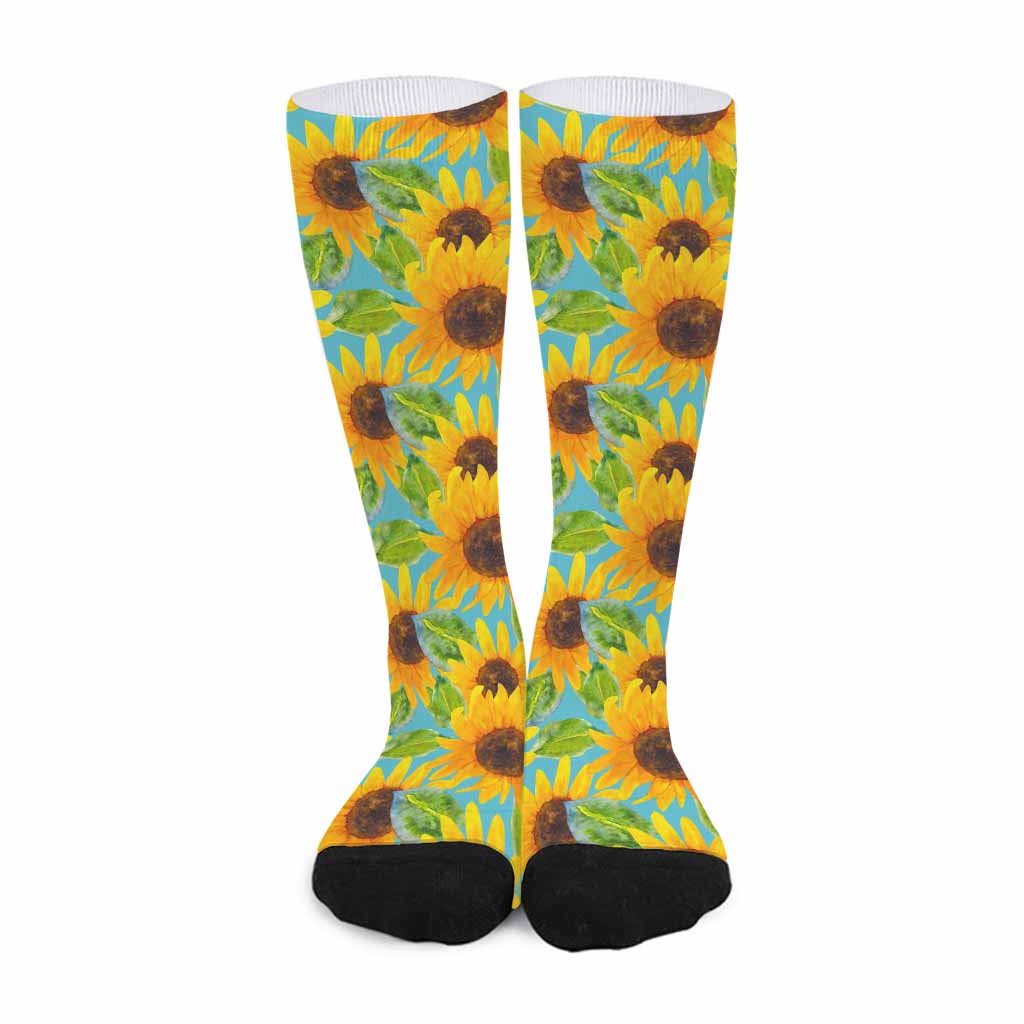 Blue Watercolor Sunflower Pattern Print Long Socks