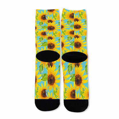 Blue Watercolor Sunflower Pattern Print Long Socks