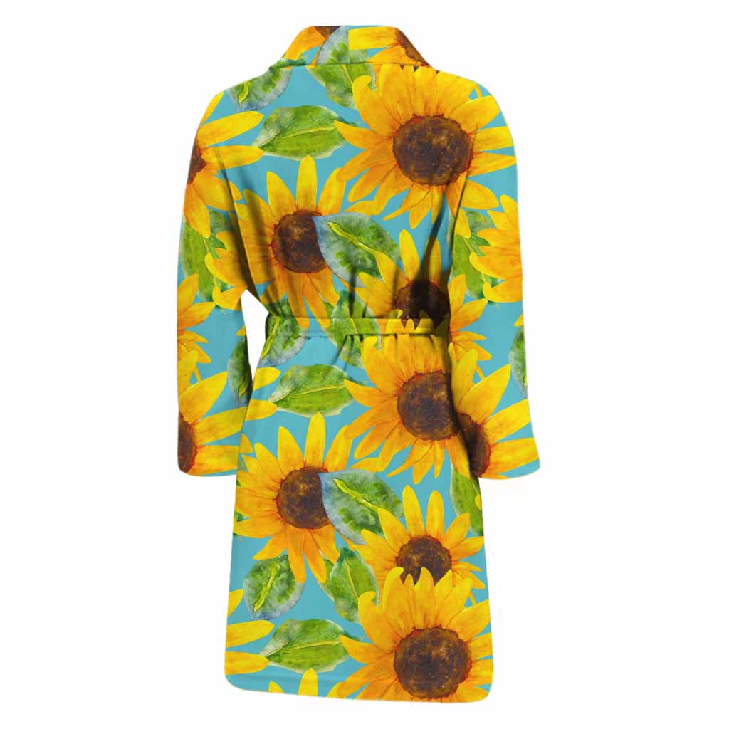 Blue Watercolor Sunflower Pattern Print Men's Bathrobe