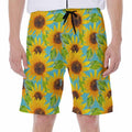 Blue Watercolor Sunflower Pattern Print Men's Beach Shorts