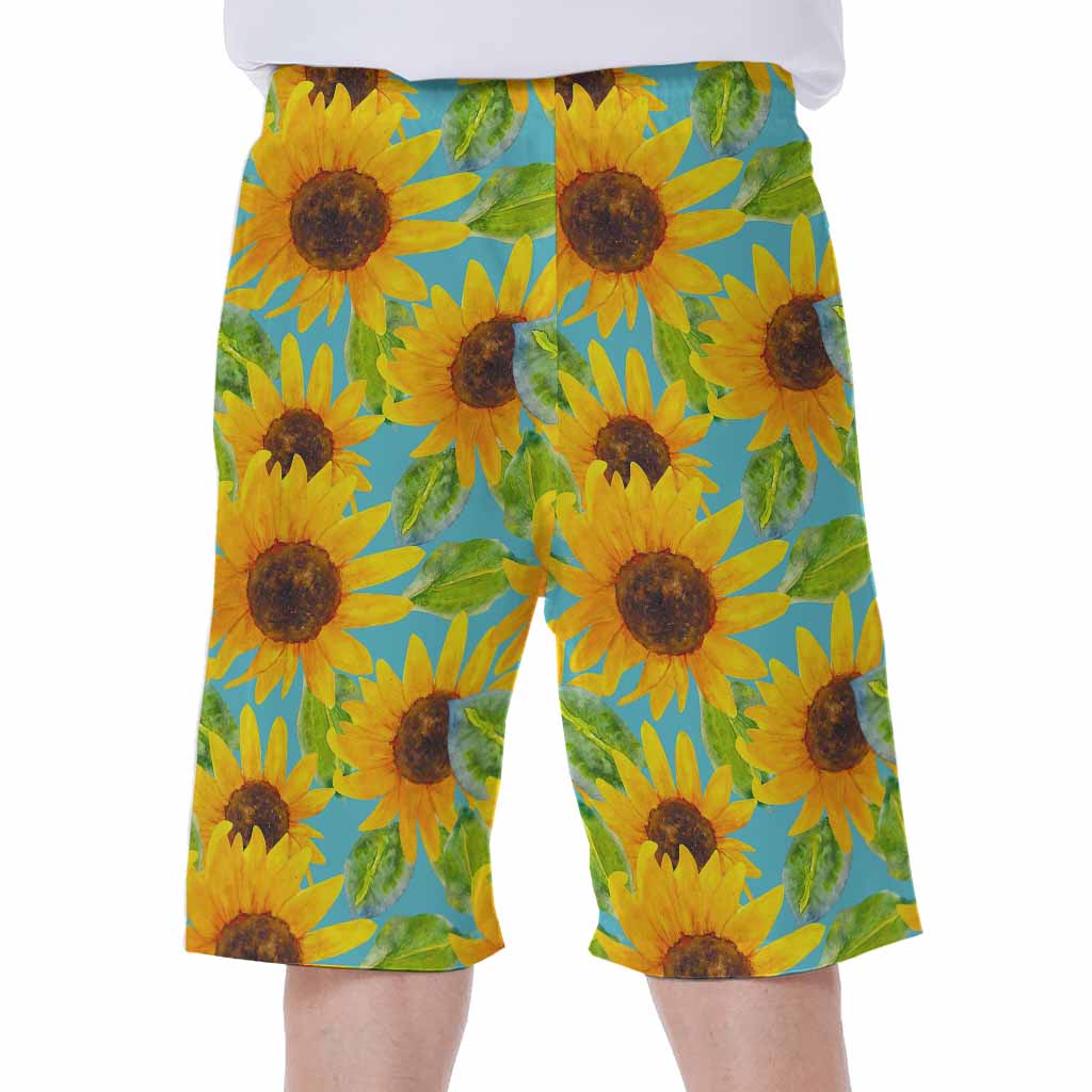 Blue Watercolor Sunflower Pattern Print Men's Beach Shorts