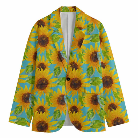 Blue Watercolor Sunflower Pattern Print Men's Blazer