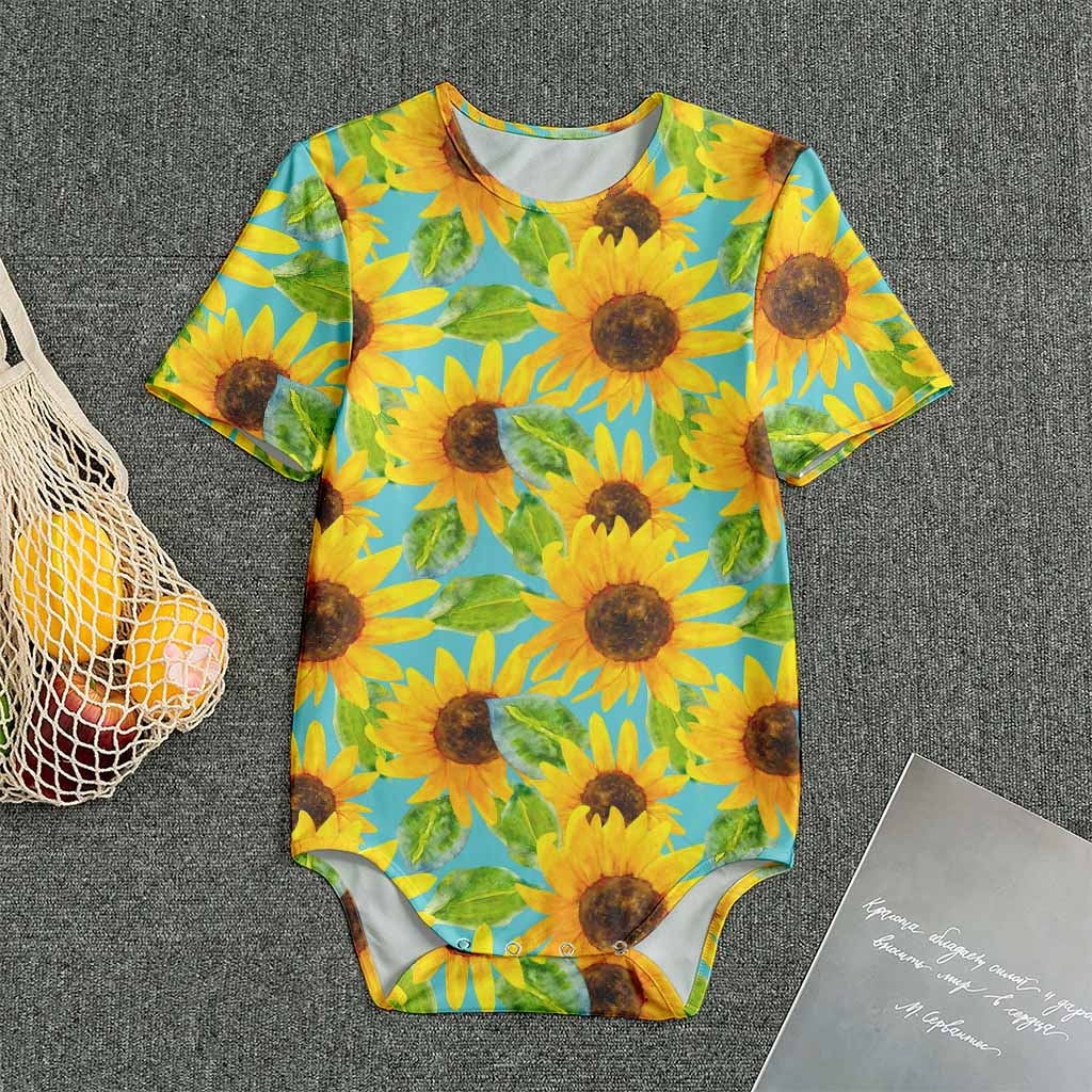 Blue Watercolor Sunflower Pattern Print Men's Bodysuit