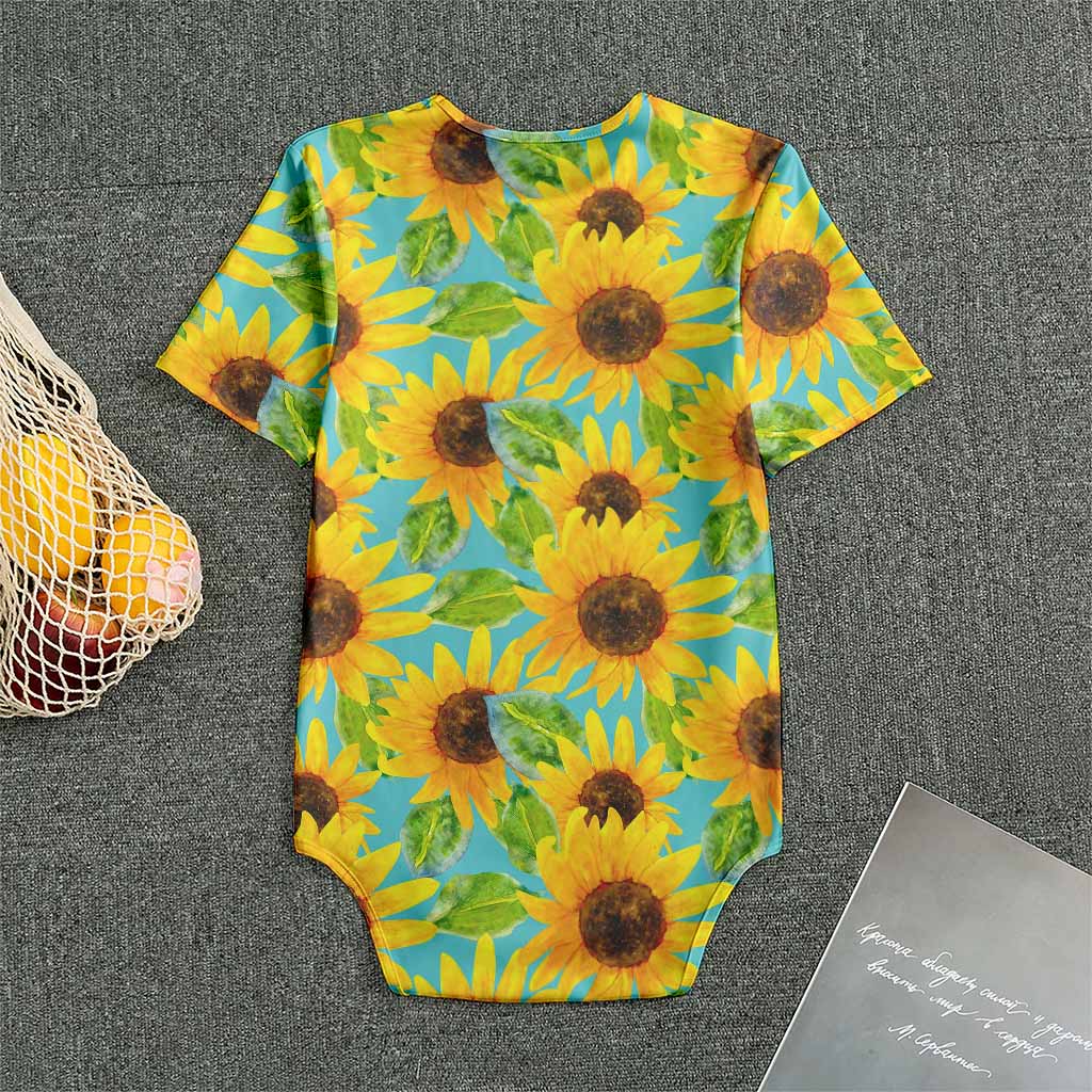 Blue Watercolor Sunflower Pattern Print Men's Bodysuit