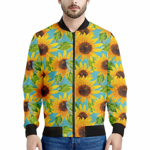 Blue Watercolor Sunflower Pattern Print Men's Bomber Jacket