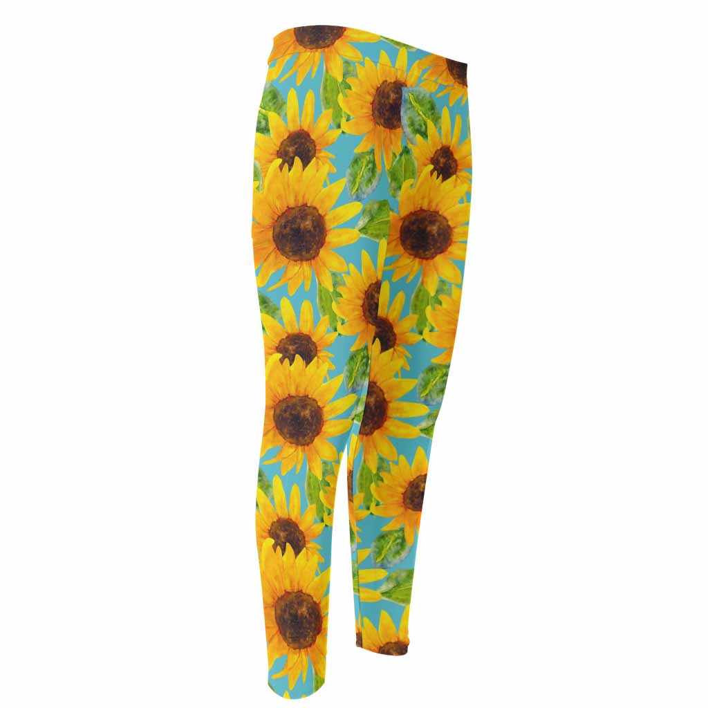 Blue Watercolor Sunflower Pattern Print Men's Compression Pants