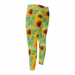 Blue Watercolor Sunflower Pattern Print Men's Compression Pants