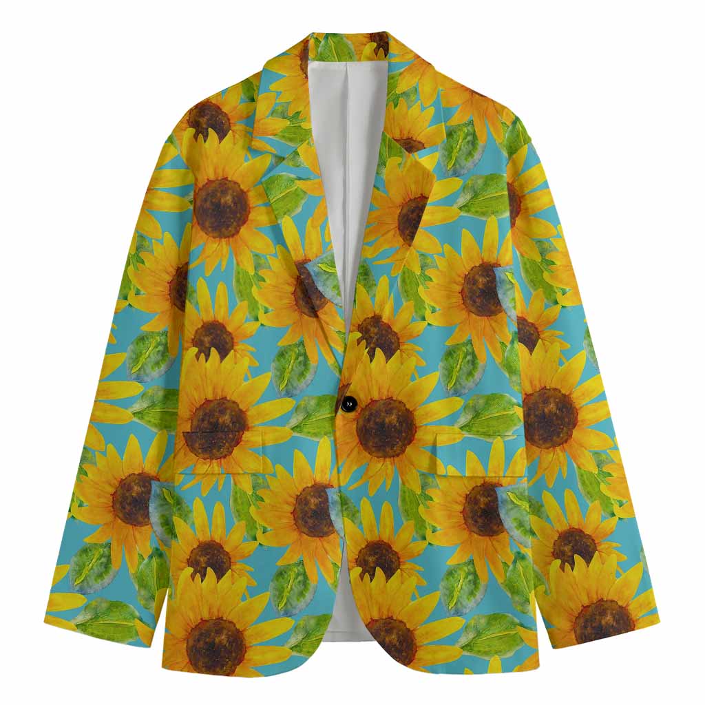 Blue Watercolor Sunflower Pattern Print Men's Cotton Blazer