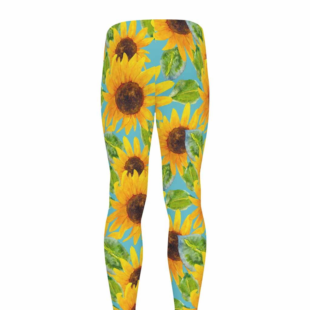 Blue Watercolor Sunflower Pattern Print Men's leggings