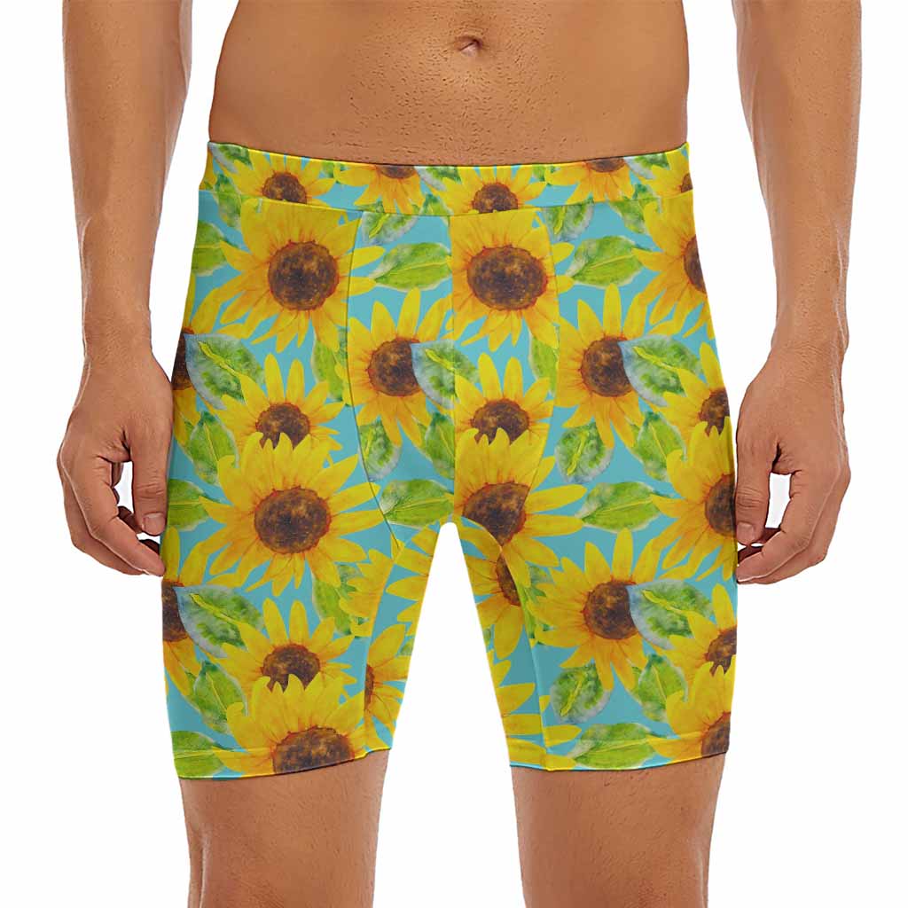 Blue Watercolor Sunflower Pattern Print Men's Long Boxer Briefs