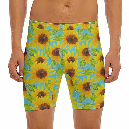 Blue Watercolor Sunflower Pattern Print Men's Long Boxer Briefs
