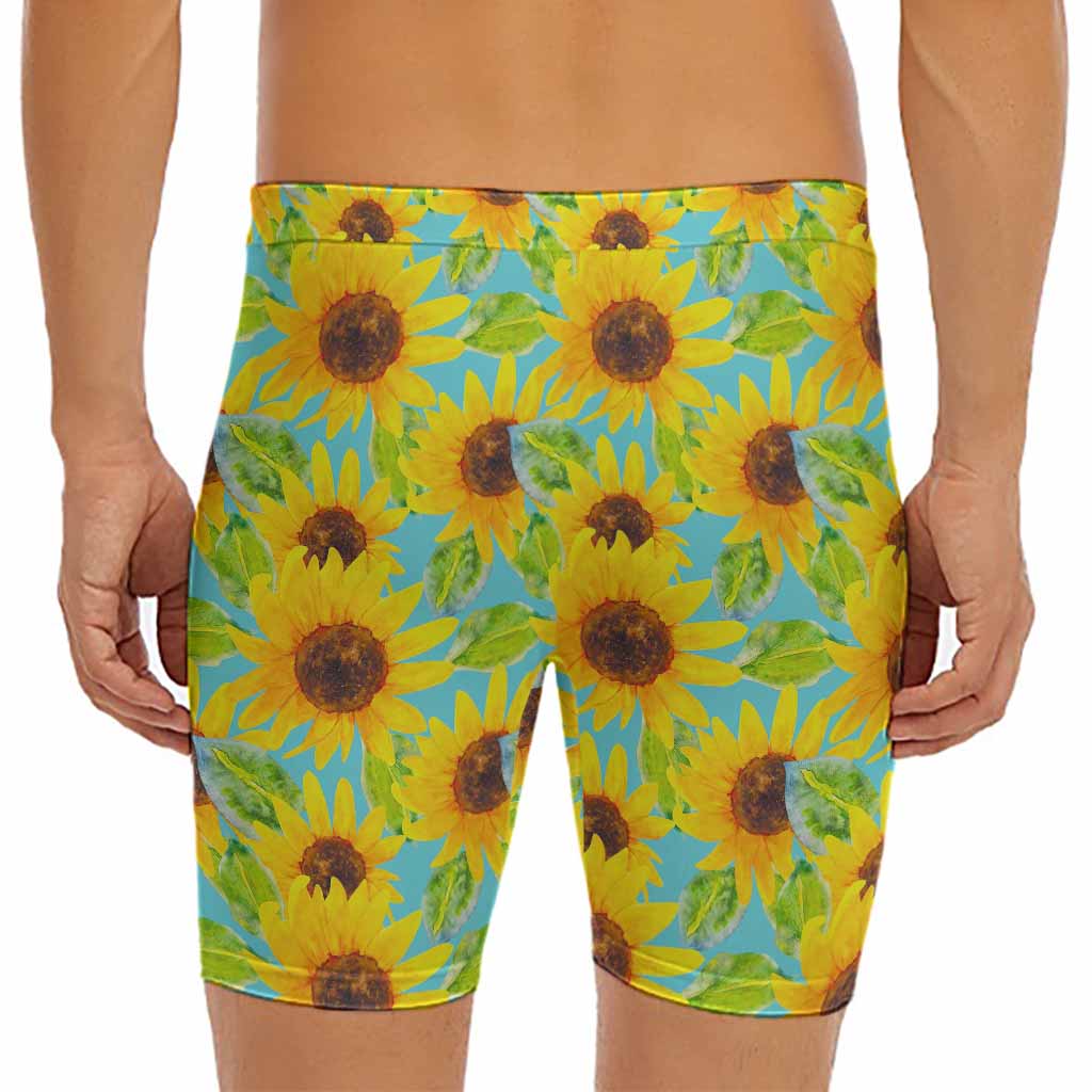 Blue Watercolor Sunflower Pattern Print Men's Long Boxer Briefs