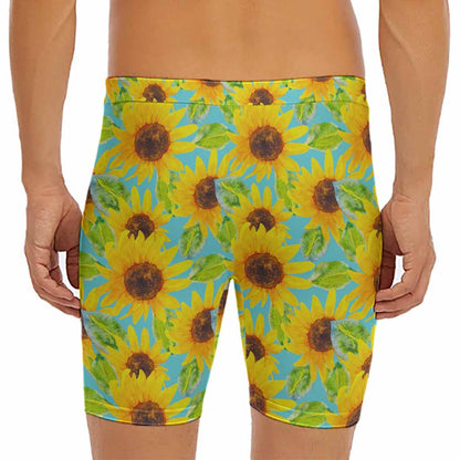 Blue Watercolor Sunflower Pattern Print Men's Long Boxer Briefs