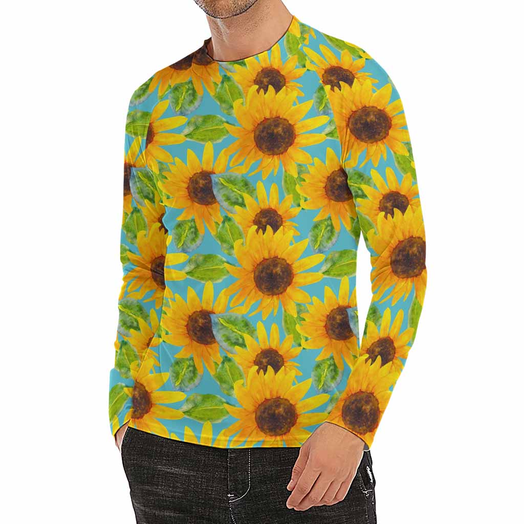Blue Watercolor Sunflower Pattern Print Men's Long Sleeve Rash Guard