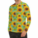Blue Watercolor Sunflower Pattern Print Men's Long Sleeve Rash Guard