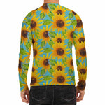Blue Watercolor Sunflower Pattern Print Men's Long Sleeve Rash Guard