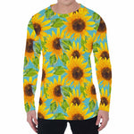 Blue Watercolor Sunflower Pattern Print Men's Long Sleeve T-Shirt