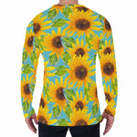 Blue Watercolor Sunflower Pattern Print Men's Long Sleeve T-Shirt
