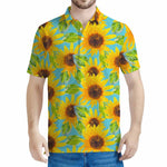 Blue Watercolor Sunflower Pattern Print Men's Polo Shirt