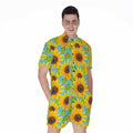 Blue Watercolor Sunflower Pattern Print Men's Romper