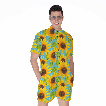 Blue Watercolor Sunflower Pattern Print Men's Rompers