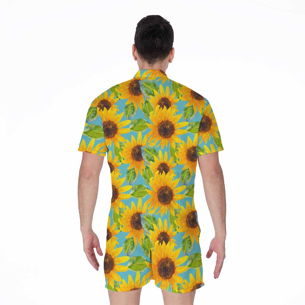 Blue Watercolor Sunflower Pattern Print Men's Rompers
