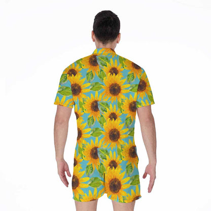 Blue Watercolor Sunflower Pattern Print Men's Rompers