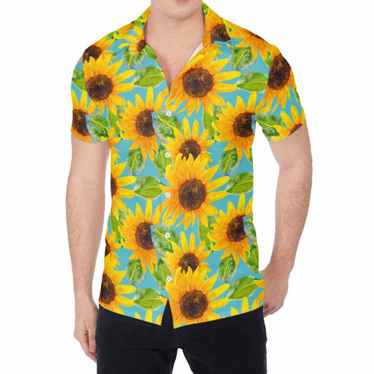 Blue Watercolor Sunflower Pattern Print Men's Shirt