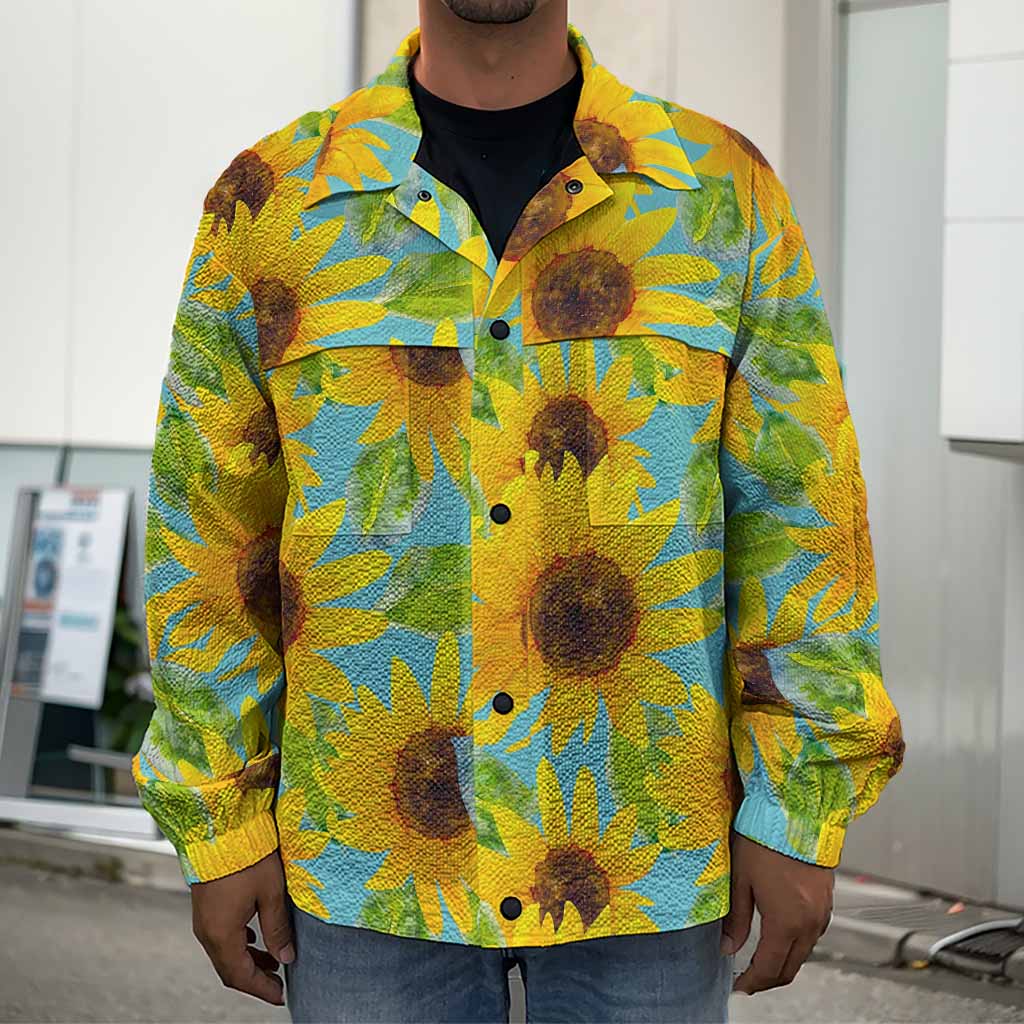 Blue Watercolor Sunflower Pattern Print Men's Shirt Jacket