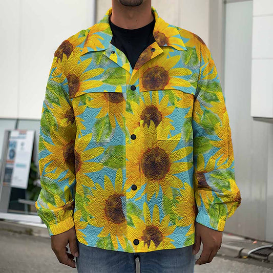 Blue Watercolor Sunflower Pattern Print Men's Shirt Jacket